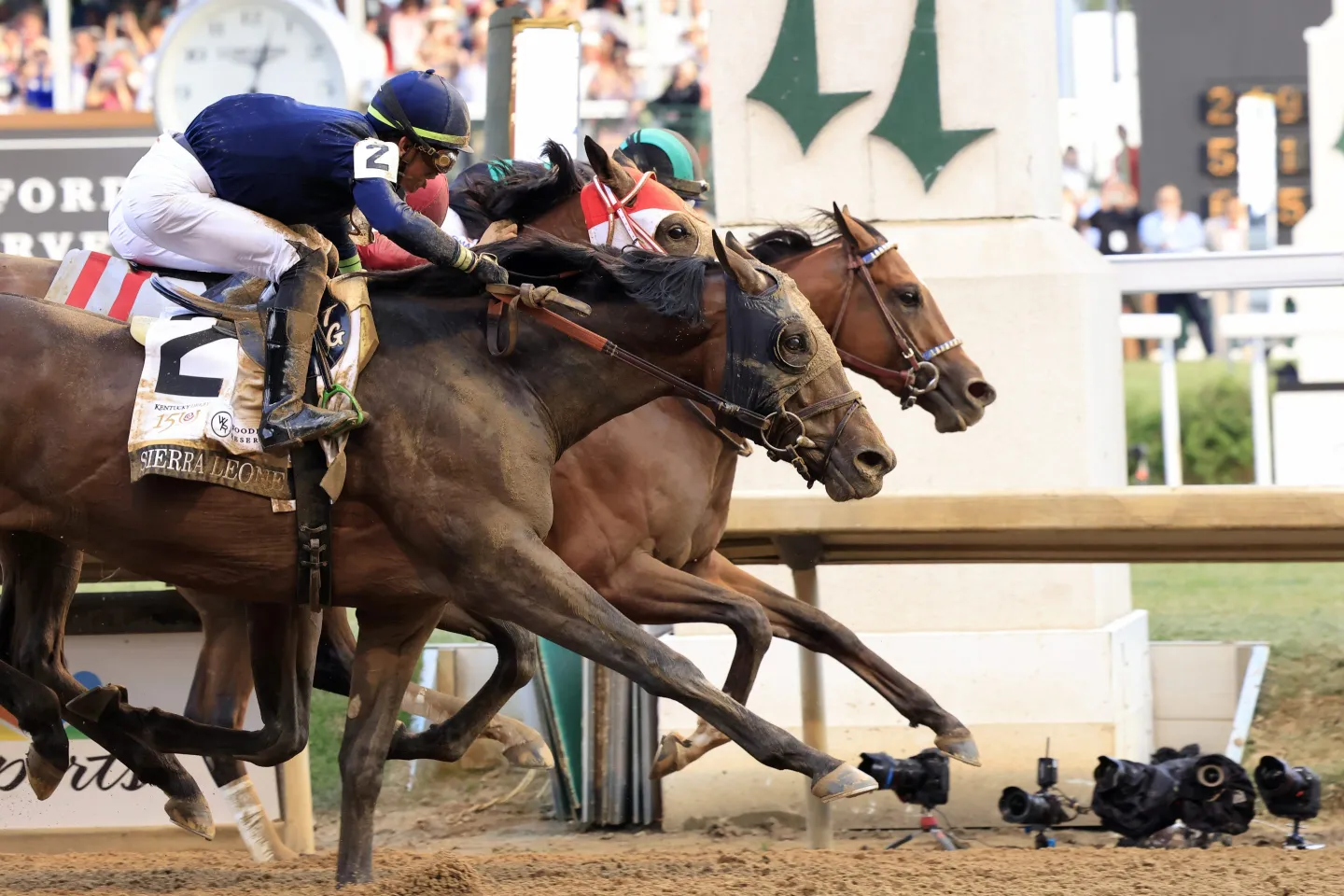 Mystik Dan #3, ridden by jockey Brian J. Hernandez Jr. crosses the finish line to win the 150th running of the Kentucky Derby at Churchill Downs on May 04, 2024