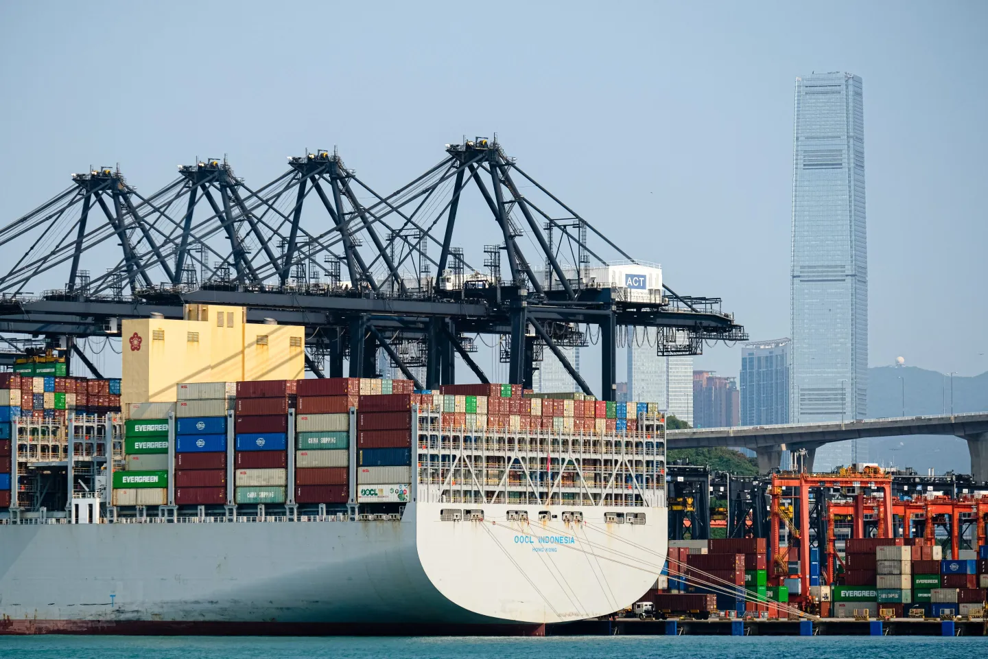 HONG KONG, CHINA - APRIL 7:  A cargo ship loaded with containers docks at Hong Kong International terminal on April 7, 2025 in Hong Kong, China. Asian stock markets have plummeted amid growing fears of a global trade war, as Donald Trump described his tariffs as &quot;medicine&quot; and showed no indication of backing down. (Photo by Sawayasu Tsuji/Getty Images)