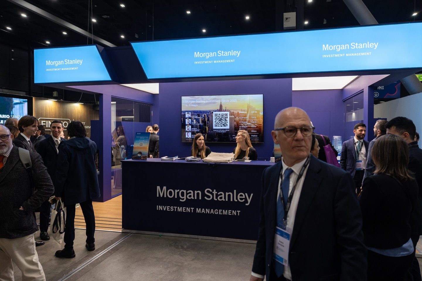 MILAN, ITALY - APRIL 16: A general view of the American multinational investment bank and financial services company Morgan Stanley display stand during &quot;Il Salone del Risparmio&quot; at Allianz MiCo on April 16, 2025 in Milan, Italy. &quot;Il Salone del Risparmio&quot; is the Italian largest event in the asset management industry. (Photo by Emanuele Cremaschi/Getty Images)